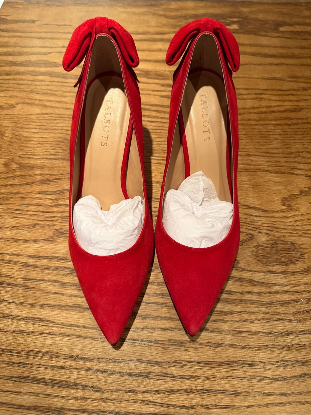 Talbots Red Suede Pointed-Toe Pumps with Back Bow Detail